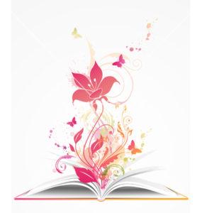 background with open book, pink flower and butterflies